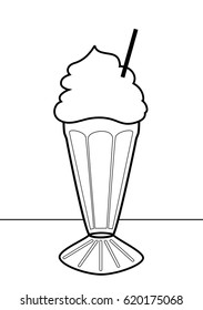 Milkshake black and white silhouette in a glass with cream and a straw