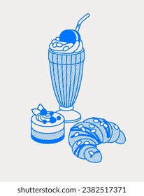 Milkshake, cake and croissant. Line art, retro. Vector illustration for bars, cafes, and restaurants.