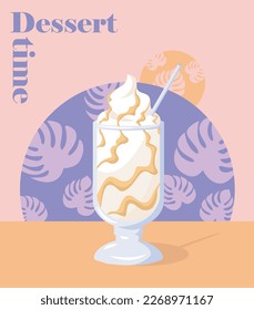 Milkshake with caramel syrup vector poster. Food illustration. Delicious milk drink
