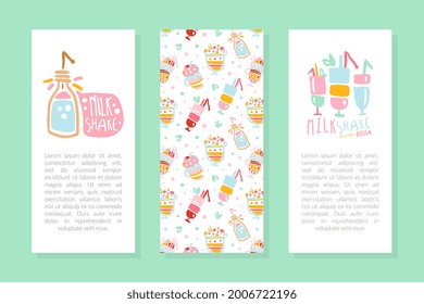 Milkshake Card Templates Set, Healthy Ice Cream Drinks and Fresh Milk Beverages Brochure, Flyer, Poster, Banner with Space for Text Vector Illustration