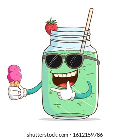 milkshake cartoon character holding melted ice cream with funny cool expression