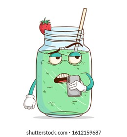 milkshake cartoon character holding a smartphone and calling someone with funny bad expression
