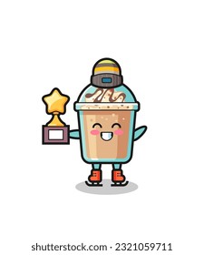 milkshake cartoon as an ice skating player hold winner trophy , cute style design for t shirt, sticker, logo element