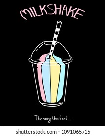 Milkshake cartoon isolated on black background. Trendy hand drawn milkshake for web site, label, poster, placard, t shirt and banner. Creative art concept, vector illustration eps 10