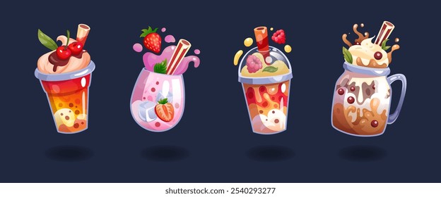 O desenho animado Milkshake. Bebida 3D de ícone. Coquetel de vidro, suco, chá com fruta, morango, mirtilo, leite delicioso. Menu de verão, copo de bolha bonito. Ilustração isolada de bebida arrumada de design de vetor