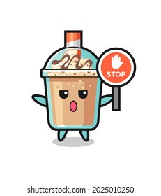 milkshake character illustration holding a stop sign
