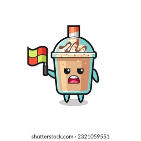 milkshake character as line judge putting the flag up , cute style design for t shirt, sticker, logo element