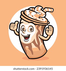 Milkshake character mascot is happy with thumbs up and yummy hand expression