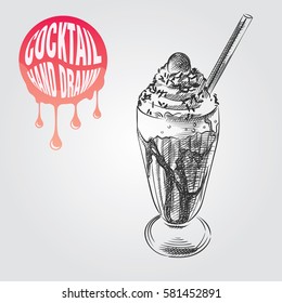 Milkshake with cherries and cream in glass hand drawn sketch isolated on white background and colored blob with drops. Cocktail sketch elements vector illustration.