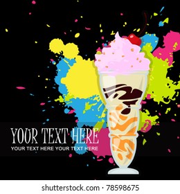 Milkshake with cherry on a black background with blots. Vector illustration. Place for your text.