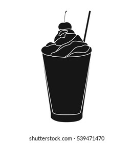 Milkshake with cherry on the top icon in black style isolated on white background. Milk product and sweet symbol stock vector illustration.