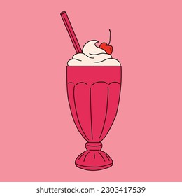 A milkshake with a cherry on top sits on a pink background.