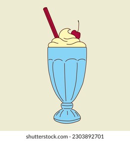 A milkshake with a cherry on top sits on a pink background. Vector illustration isolated