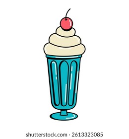 Milkshake with cherry. Retro vector illustration isolated on white background
