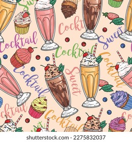 Milkshake cocktail seamless pattern colorful with cold fruit or chocolate drink for summer menu and cupcakes for dessert vector illustration