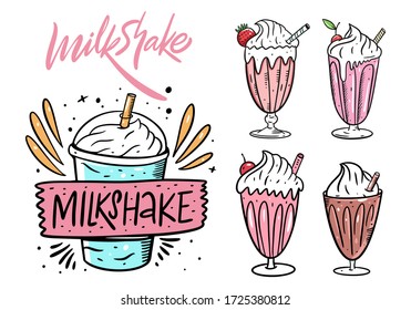 Milkshake cocktail set. Cartoon flat vector illustration. Isolated on white background. Design for menu cafe and bar.