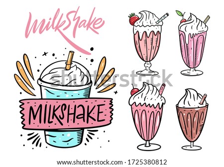 Milkshake cocktail set. Cartoon flat vector illustration. Isolated on white background. Design for menu cafe and bar.