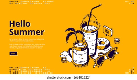 Milkshake cocktails isometric landing page, milk shake drinks in glass jar and plastic cup with straw, donut and sunglasses, sweet dairy beverage, hello summer concept 3d vector line art web banner