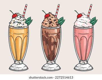 Milkshake cocktails set labels colorful with refreshing drinks with ice cream of different flavors in glasses with straw vector illustration