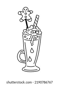 Milkshake, cocoa or coffee with gingerbread man. Line art vector illustration.