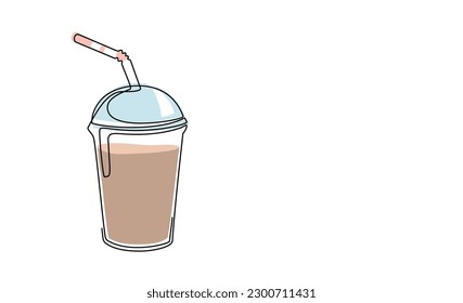 Milchshake aus Kaffee in Plastiktasse in einem durchgehenden Linienziehstil. Fast Food Drink im Art-Stil. Einzeilige, bearbeitbare Schlaganfälle. Milchschütteln oder Limonadengetränk. Moderne Vektorgrafik