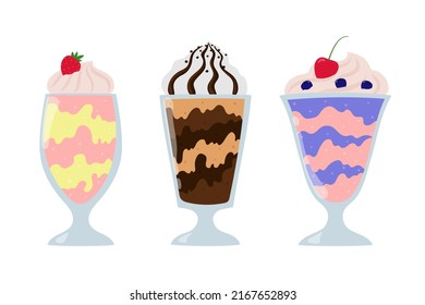 Milkshake collection. Cherry and bilberry, strawberry and banana, chocolate milkshake. Cartoon summer desserts with cream. Isolated vector illustration