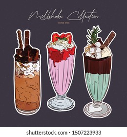 Milkshake collection, chocolate, strawberry and mint-chip. Hand draw sketch vector.