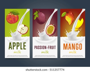Milkshake concept with milk splash and fruit vector illustration. Milk dessert, yogurt, fruit mix, cocktail drink, fruit smoothie with apple, mango, passion fruit packaging design. Dairy product.