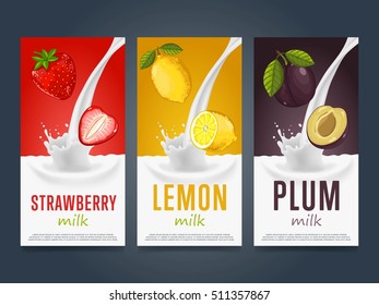 Milkshake Concept With Milk Splash And Fruit Vector Illustration. Milk Dessert, Yogurt, Fruit Mix, Cocktail Drink, Fruit Smoothie With Plum, Lemon, Strawberry Packaging Design Template. Dairy Product.