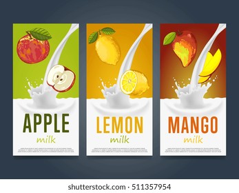 Milkshake concept with milk splash and fruit vector illustration. Milk dessert, yogurt, fruit mix, cocktail drink, fruit smoothie with apple, lemon and mango packaging design template. Dairy product.
