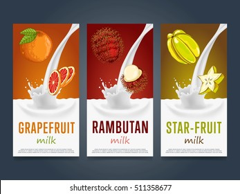 Milkshake concept with milk splash and fruit vector illustration. Milk dessert, yogurt, fruit mix, cocktail drink, fruit smoothie with grapefruit, rambutan, star fruit packaging design. Dairy product.