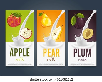 Milkshake concept with milk splash and fruit vector illustration. Milk dessert, yogurt, fruit mix, cocktail drink, fruit smoothie with apple, pear and plum packaging design template. Dairy product.