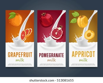 Milkshake concept with milk splash and fruit vector illustration. Milk dessert, yogurt, fruit mix, cocktail drink, fruit smoothie with apricot, pomegranate, grapefruit packaging design. Dairy product.