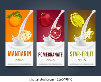 Milkshake concept with milk splash and fruit vector illustration. Milk dessert, yogurt, fruit mix, cocktail drink, fruit smoothie with mandarin, star fruit, pomegranate packaging design. Dairy product