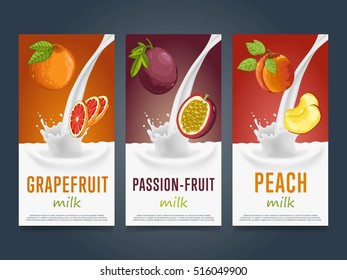Milkshake concept with milk splash and fruit vector illustration. Milk dessert, yogurt, fruit mix, cocktail drink, fruit smoothie with grapefruit, passion fruit, peach packaging design. Dairy product.