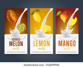 Milkshake concept with milk splash and fruit vector illustration. Milk dessert, yogurt, fruit mix, cocktail drink, fruit smoothie with horned melon, lemon, mango packaging template. Dairy product.