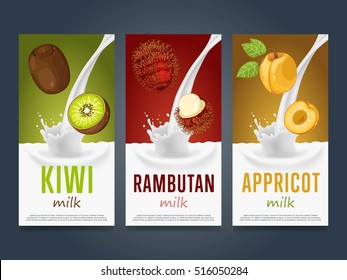 Milkshake concept with milk splash and fruit vector illustration. Milk dessert, yogurt, fruit mix, cocktail drink, fruit smoothie with kiwi, rambutan, apricot packaging design template. Dairy product.