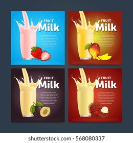 Milkshake concept with milk splash in glass and fruit vector illustration. Milk dessert, yogurt, fruit mix, cocktail drink, smoothie with strawberry, plum, rambutan, mango template. Dairy product.