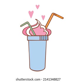 Milkshake with cream. A blue tumbler with two colored tubes and hearts. Hand-drawn vector illustration in doodle style. A declaration of love. For menus, stickers, icons and Valentine's Day cards.
