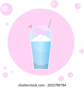 Milkshake with cream in flat style, blue takeaway cup. Illustration for menu. Isolated icon