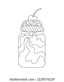 Milkshake with cream, ice cream and cherries. Contour drawing of drinks on a white background. Illustrations for menus, coloring books and postcards. Vector, eps 10
