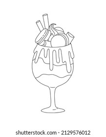 Degustación con crema, helado y macarons. Dibujar bebidas con fondo blanco. Ilustraciones para menús, libros de coloreado y postales. Vector, eps 10
