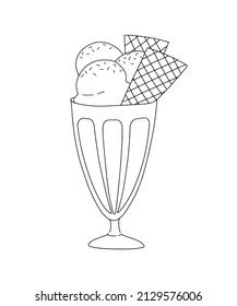 Milkshake with cream, ice cream and waffles. Contour drawing of drinks on a white background. Illustrations for menus, coloring books and postcards. Vector, eps 10