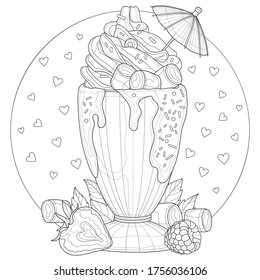 
Milkshake with cream, marshmallows, strawberries, raspberries and mint.Coloring book antistress for children and adults. Illustration isolated on white background.Black and white drawing.Zen-tangle s