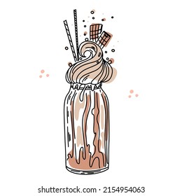 Milkshake with cream and straw. Cartoon chocolate coctail. Hand drawn line illustration. Vector black drawing with color.