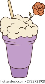Xícara de sacudir leite preenchido com nata espumosa, palha e pequeno enfeite de flor em desenho de linha limpo. Refrescar, sobremesa, doçura e vibe café para menu ou marca. Ilustração de vetor de desenhos animados.