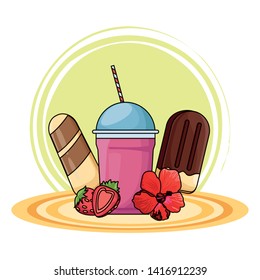 Milkshake cup and ice creams with strawberries and flower on round base vector illustration graphic design