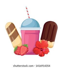 Milkshake cup and ice creams with strawberries and flower vector illustration graphic design