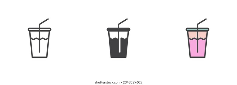 Toma de batido con paja diferente conjunto de iconos de estilo. Línea, glifo y contorno relleno versión colorida, contorno y signo vectorial relleno. Símbolo, ilustración del logotipo. Gráficos vectoriales