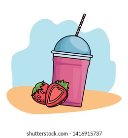 Milkshake cup with straw and strawberries on blue and orange grunge background vector illustration graphic design